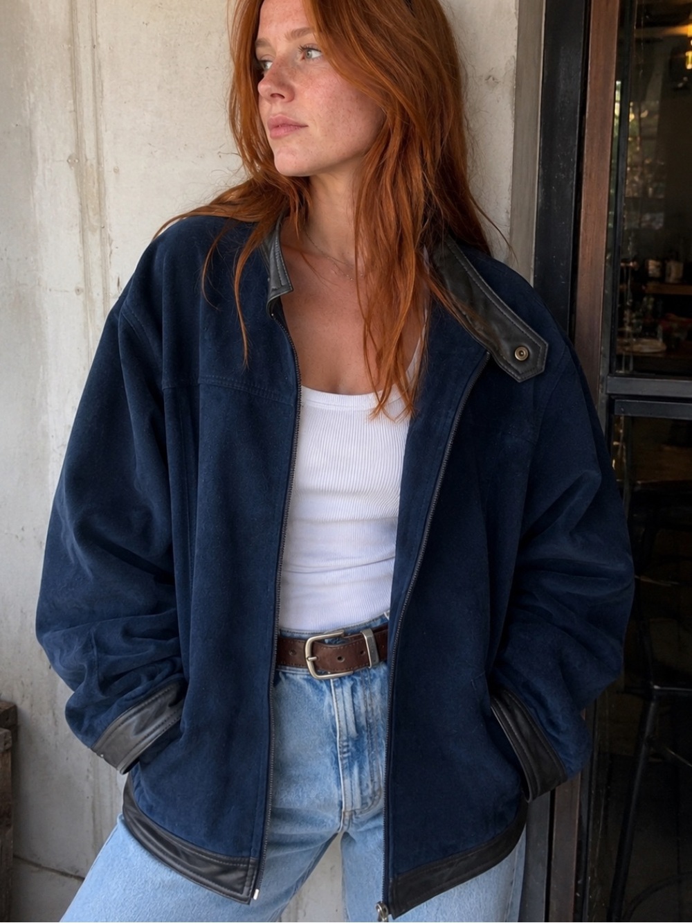 Amazing Moto Italian Aviator Navy Suede & Leather Trim Jacket made in Italy M